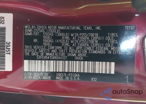 2008 Toyota Tundra Sr5 5.7L V8 z USA, uszkodzony, nr VIN 5TFEV54158X044327